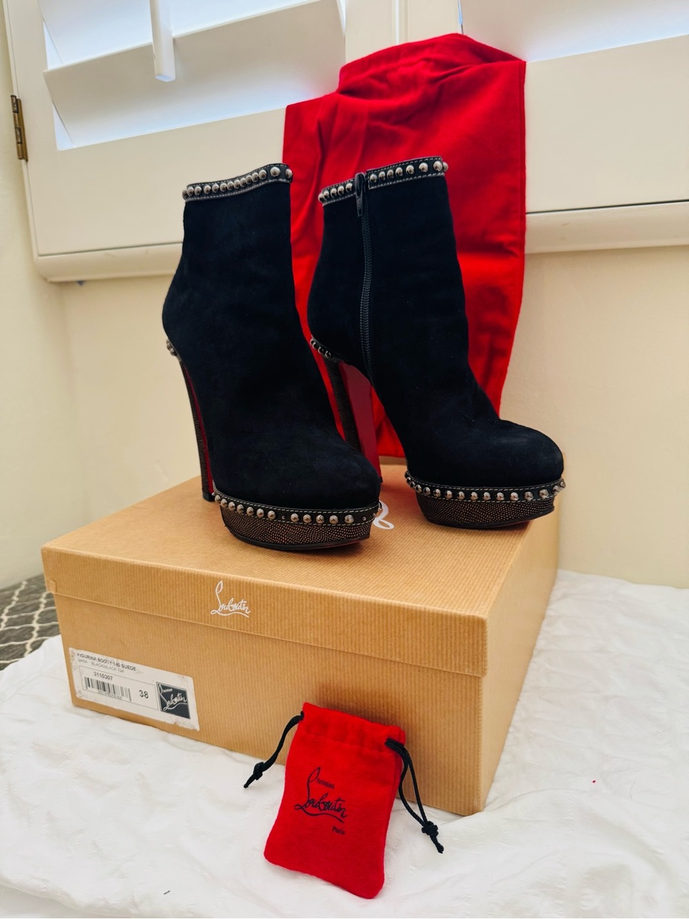 Christian Louboutin Black Suede Studded Platform Ankle Boots